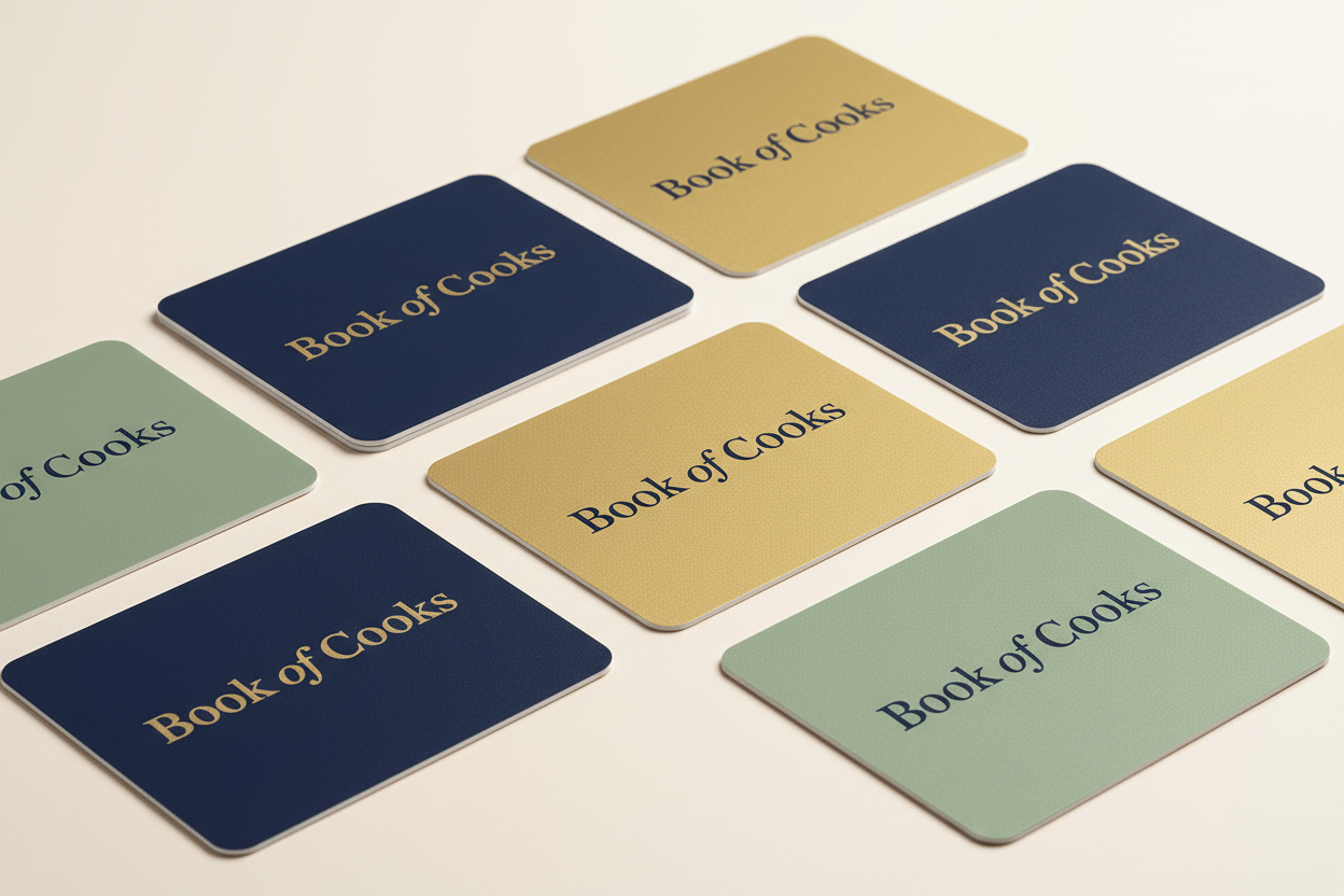 Gift cards with text "Book of Cooks" on them. Cards should be on a clean background, with a modern feel. 